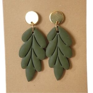 Clay Artisan Green Leaf Dangle Earrings